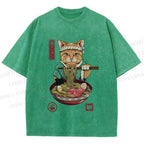Unisex Ramen Cat Printed Washed Tee