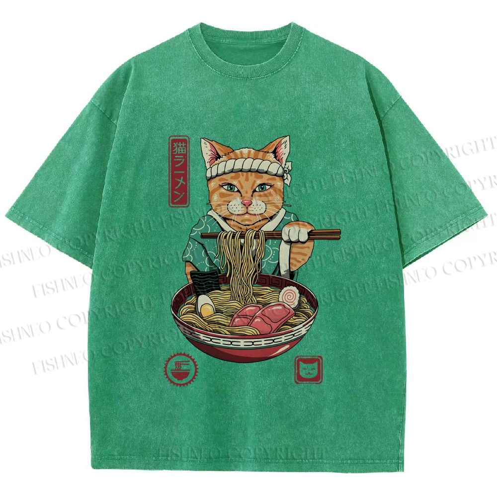 Unisex Ramen Cat Printed Washed Tee