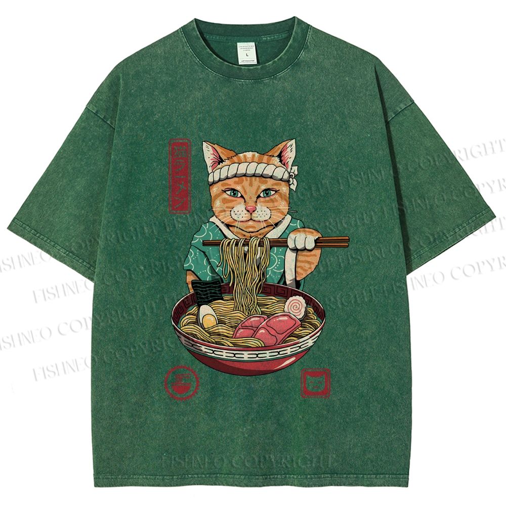 Unisex Ramen Cat Printed Washed Tee