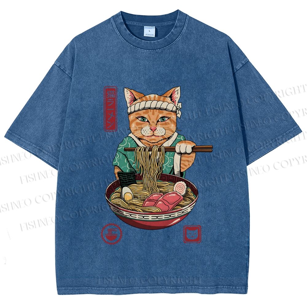 Unisex Ramen Cat Printed Washed Tee