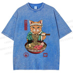 Unisex Ramen Cat Printed Washed Tee