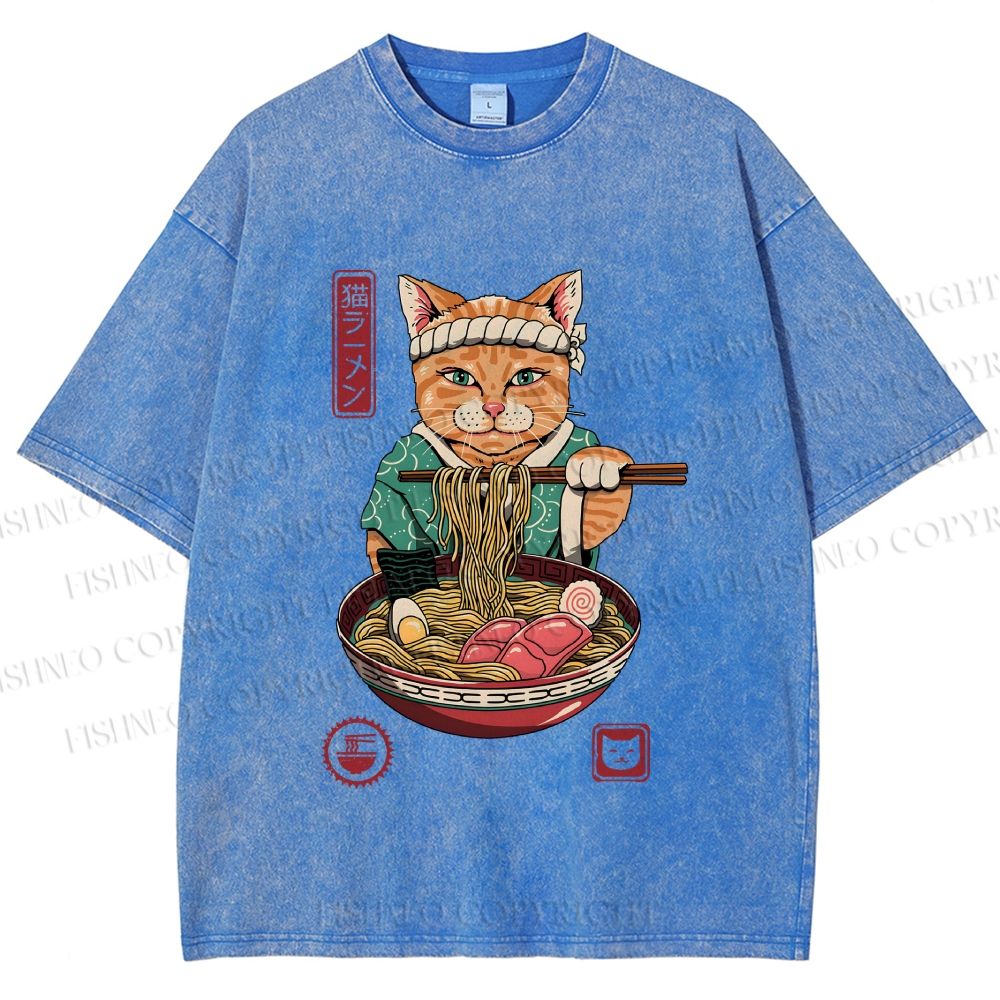 Unisex Ramen Cat Printed Washed Tee
