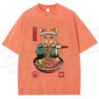 Unisex Ramen Cat Printed Washed Tee