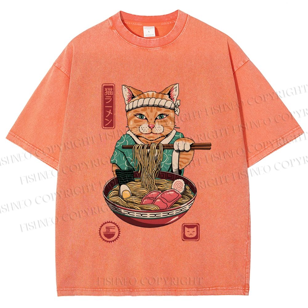 Unisex Ramen Cat Printed Washed Tee