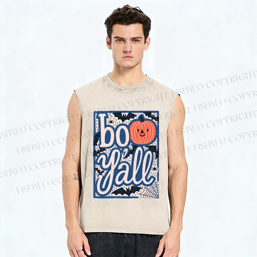 Unisex Halloween Pumpkin Boo Y'all Printed Washed Tank Top