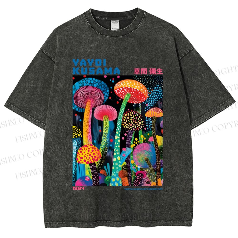 Unisex Yayoi Kusama Mushroom Printed Washed Tee