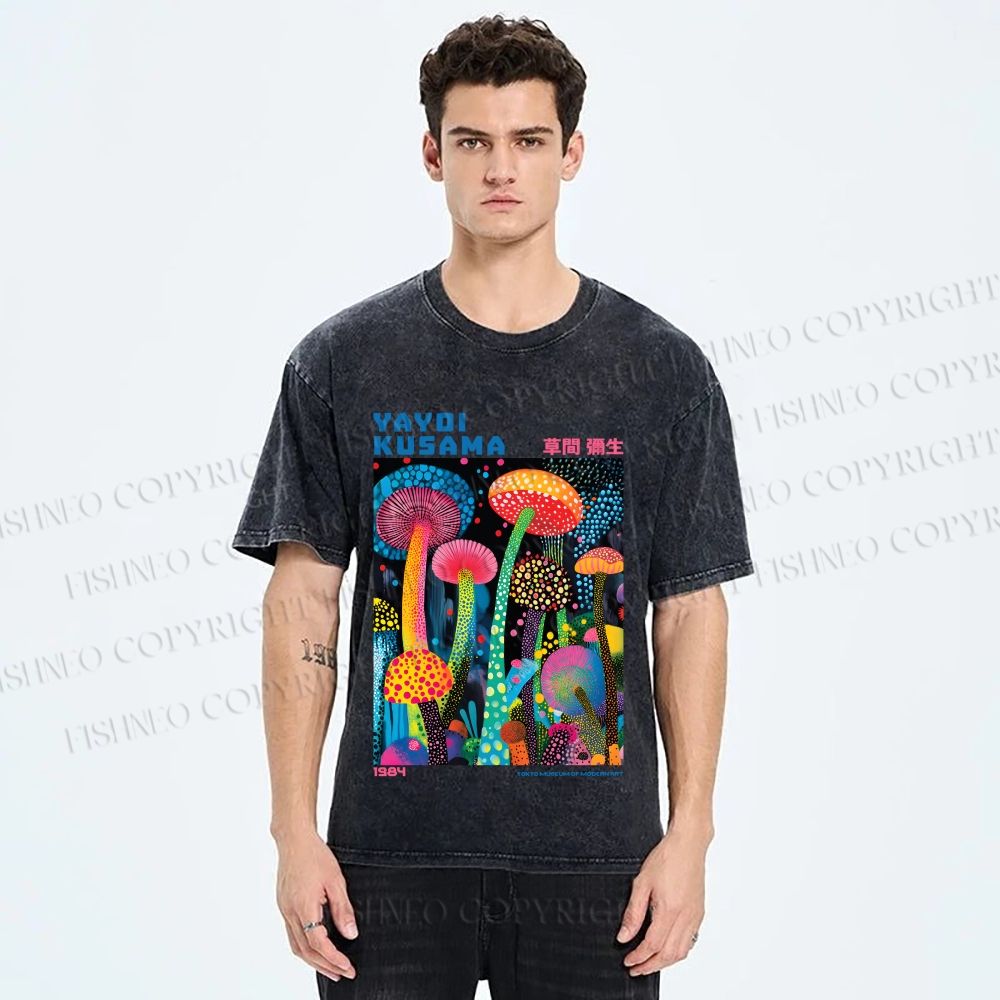 Unisex Yayoi Kusama Mushroom Printed Washed Tee