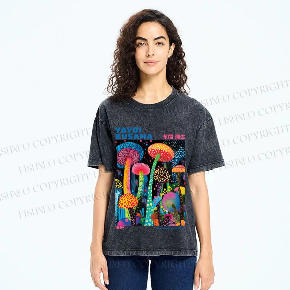 Unisex Yayoi Kusama Mushroom Printed Washed Tee