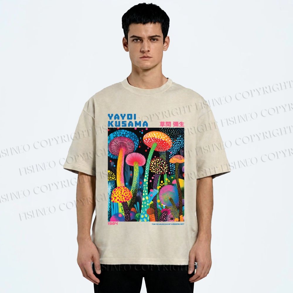 Unisex Yayoi Kusama Mushroom Printed Washed Tee