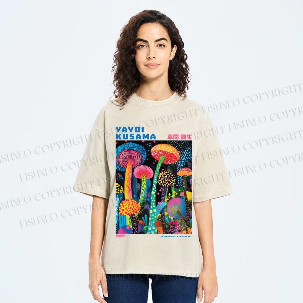 Unisex Yayoi Kusama Mushroom Printed Washed Tee