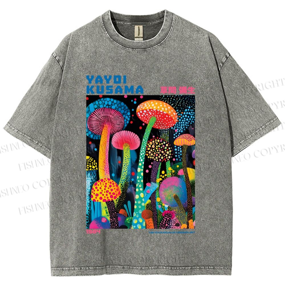 Unisex Yayoi Kusama Mushroom Printed Washed Tee