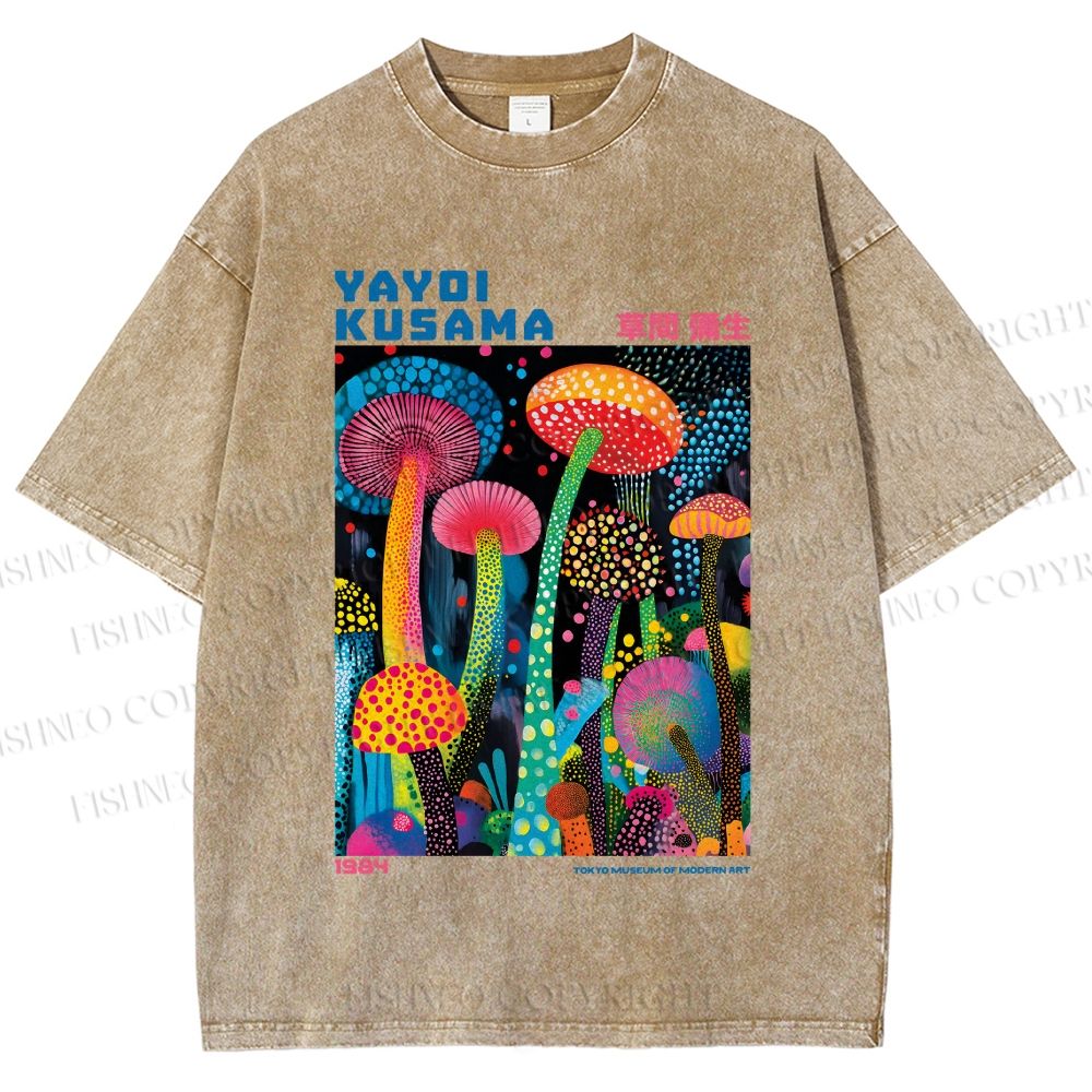 Unisex Yayoi Kusama Mushroom Printed Washed Tee