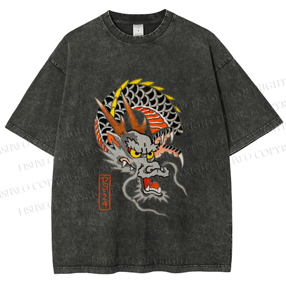 Unisex Vintage Ukiyo-e Dragon Printed Washed Tee