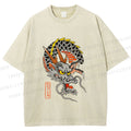 Unisex Vintage Ukiyo-e Dragon Printed Washed Tee