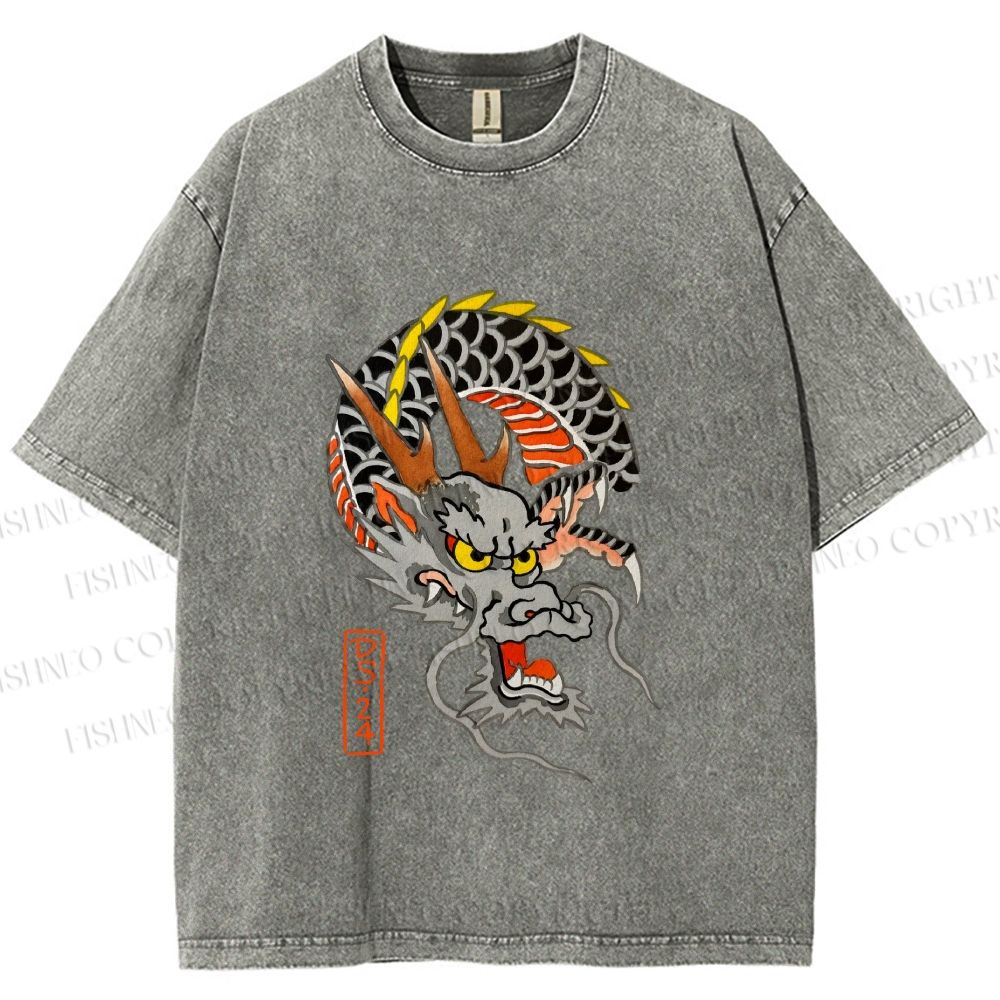 Unisex Vintage Ukiyo-e Dragon Printed Washed Tee