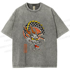 Unisex Vintage Ukiyo-e Dragon Printed Washed Tee