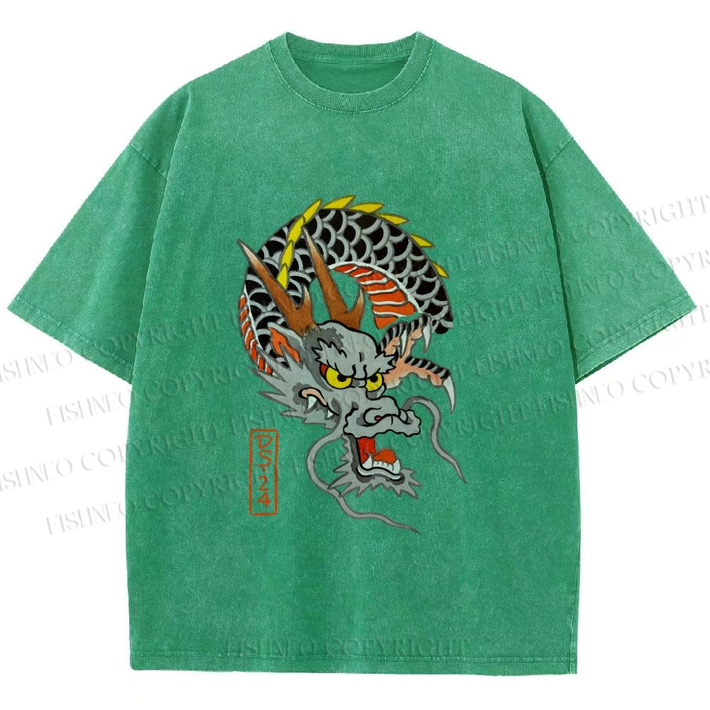 Unisex Vintage Ukiyo-e Dragon Printed Washed Tee