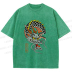 Unisex Vintage Ukiyo-e Dragon Printed Washed Tee