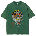 Unisex Vintage Ukiyo-e Dragon Printed Washed Tee
