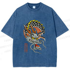 Unisex Vintage Ukiyo-e Dragon Printed Washed Tee