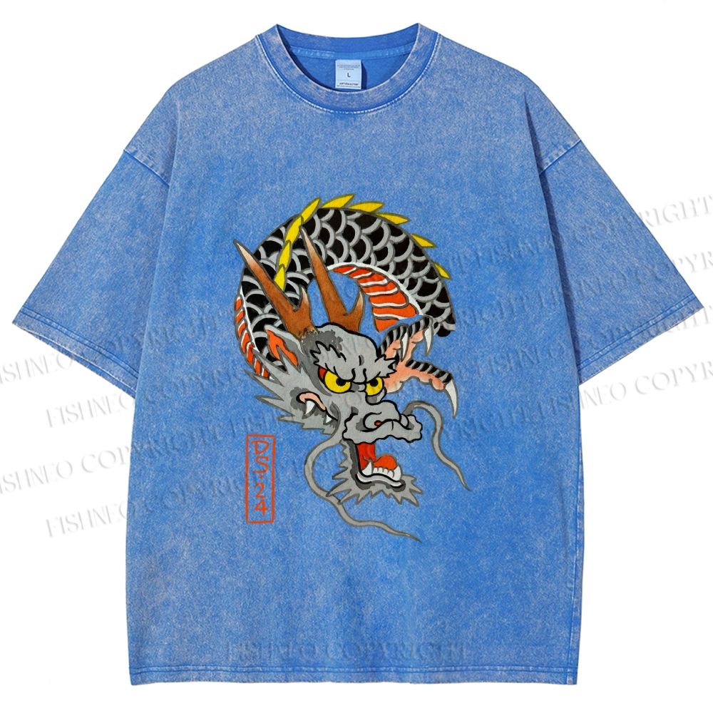 Unisex Vintage Ukiyo-e Dragon Printed Washed Tee