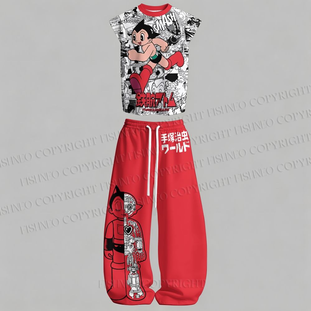 Men's Astro Boy Manga Sleeveless Tank Top & Elasticated Trousers pants Two-Piece Streetwear Set