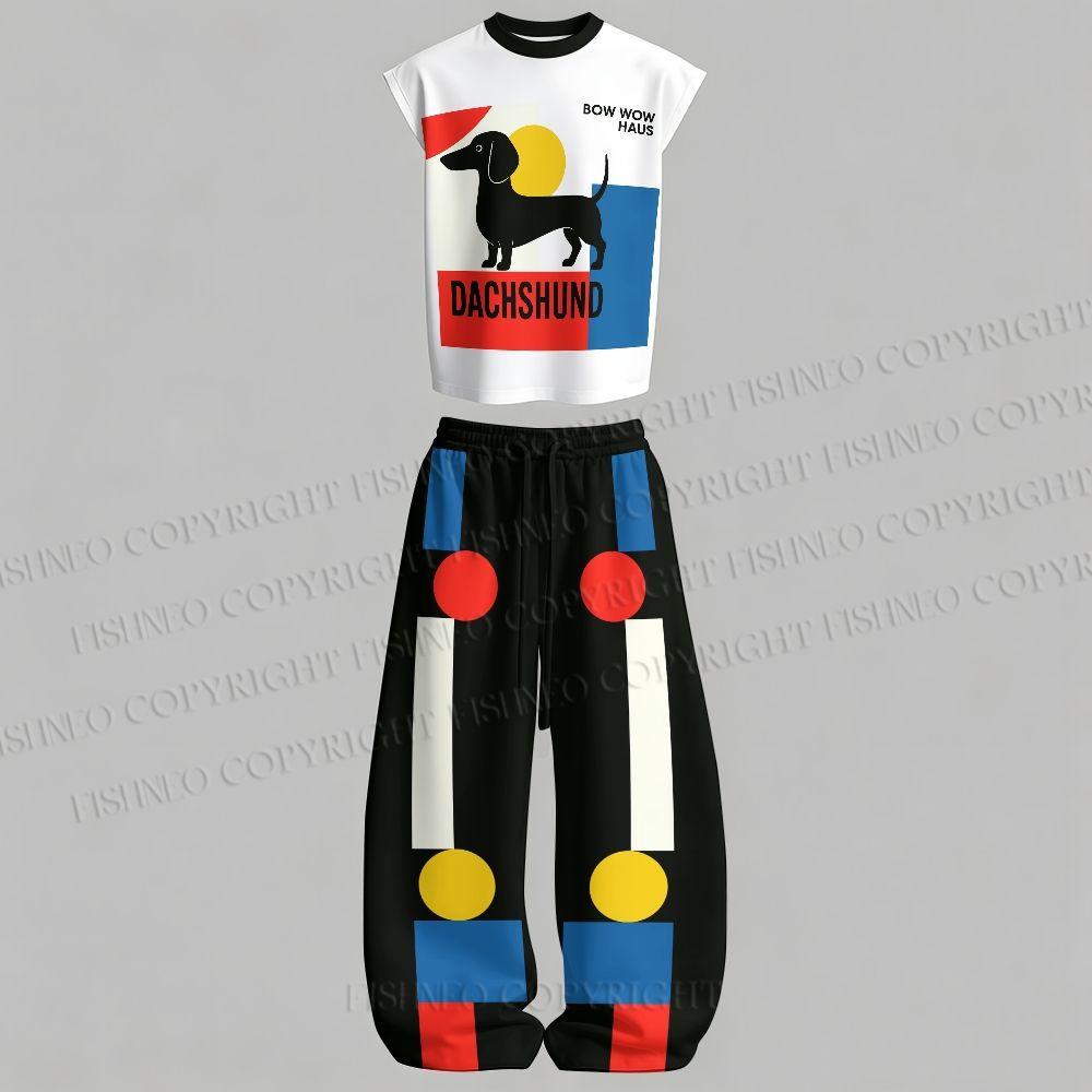 Men's Bauhaus Dachshund Sleeveless Tank Top & Elasticated Trousers pants Two-Piece Streetwear Set