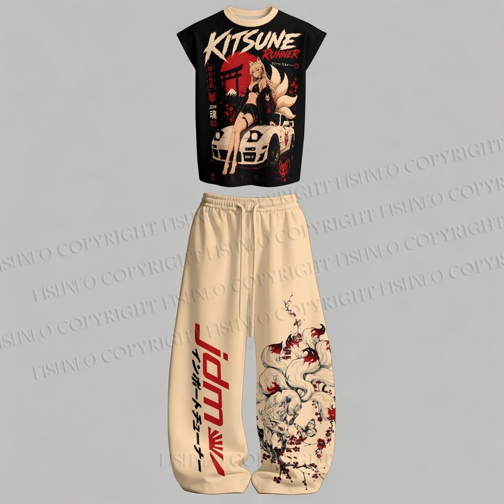 Men's Kitsune Runner Sleeveless Tank Top & Elasticated Trousers pants Two-Piece Streetwear Set