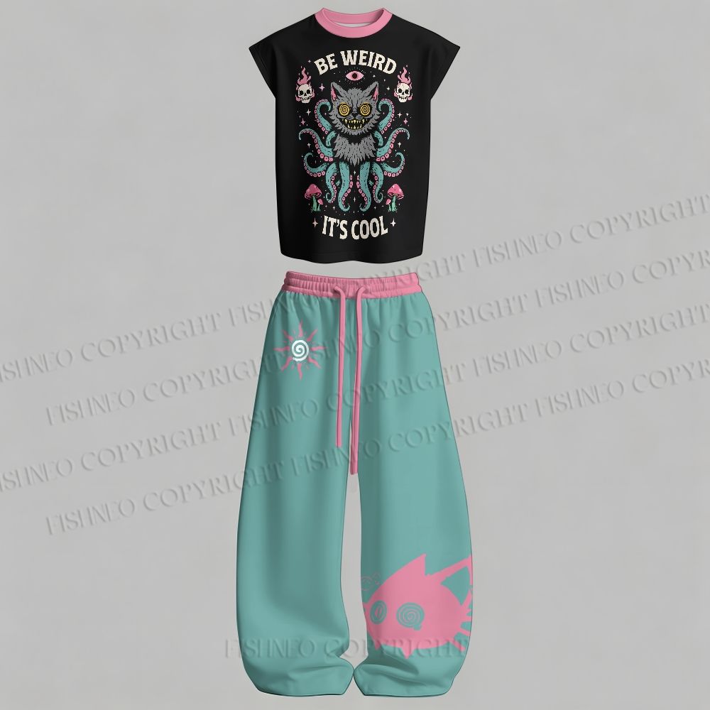 Men's Be Weird It's Cool Sleeveless Tank Top & Elasticated Trousers pants Two-Piece Streetwear Set