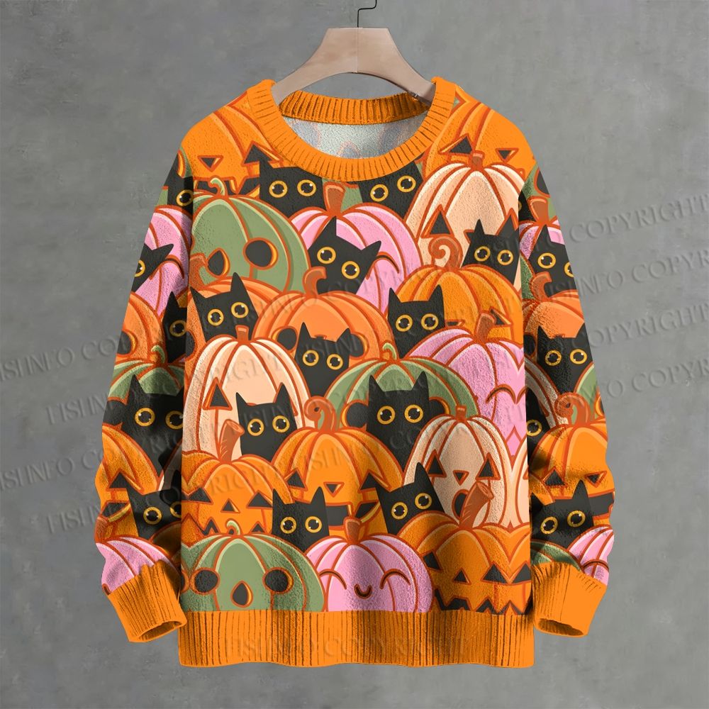 Halloween Pumpkin And Black Cat Crew Neck Sweater