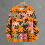 Halloween Pumpkin And Black Cat Crew Neck Sweater