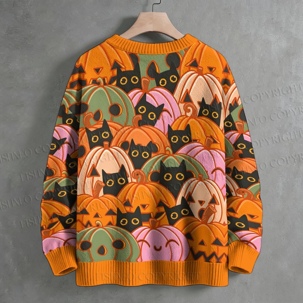 Halloween Pumpkin And Black Cat Crew Neck Sweater
