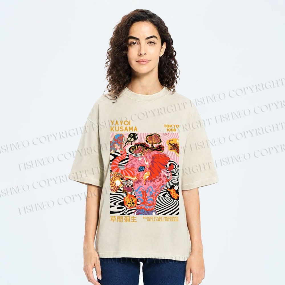 Unisex Yayoi Kusama Elephant Printed Washed Tee