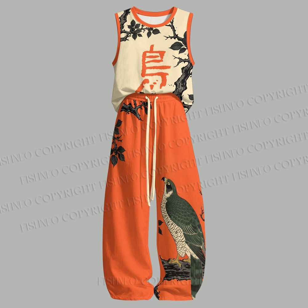 Unisex Japanese Ukiyo-e Bird Loose Tank Top Set