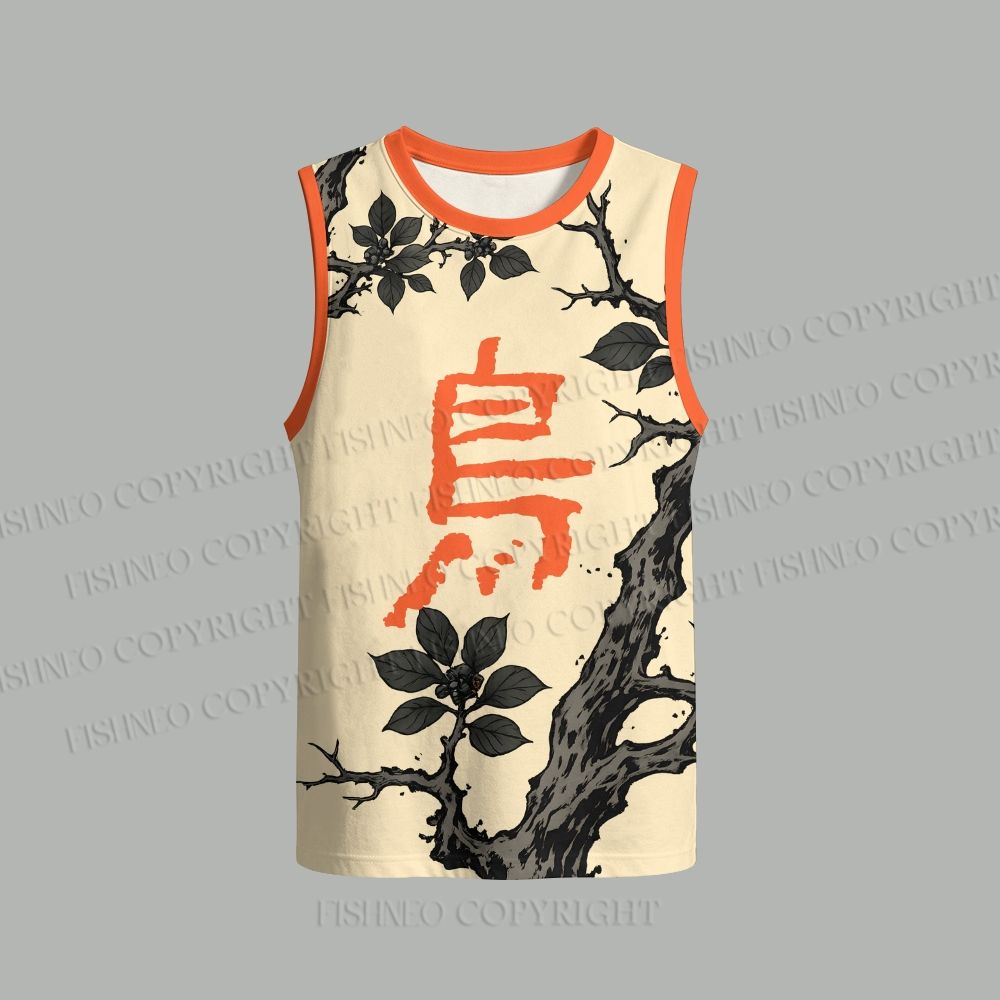 Unisex Japanese Ukiyo-e Bird Loose Tank Top Set