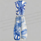 Men's Blue Octopus Watercolor Smudge Sleeveless Tank Top & Elasticated Trousers pants Two-Piece Streetwear Set