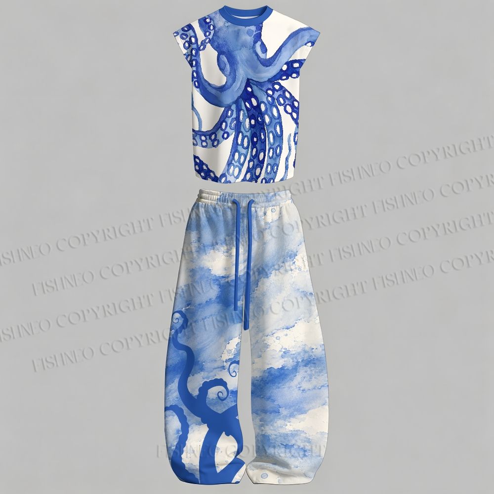 Men's Blue Octopus Watercolor Smudge Sleeveless Tank Top & Elasticated Trousers pants Two-Piece Streetwear Set