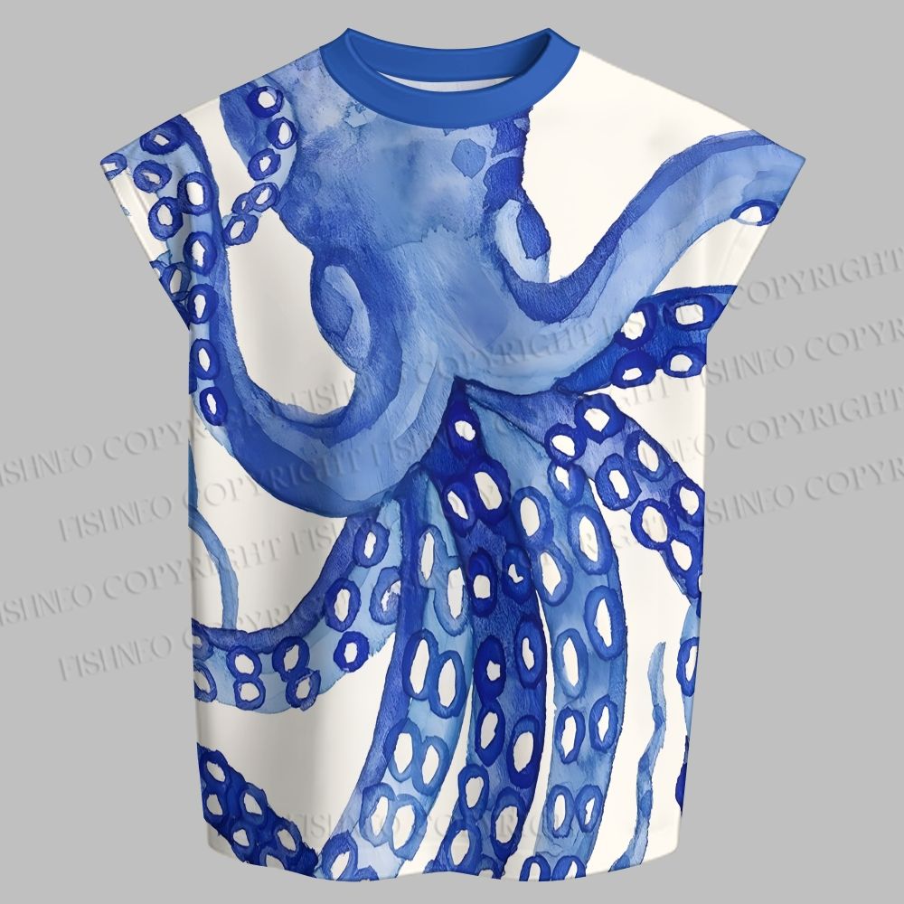 Men's Blue Octopus Watercolor Smudge Sleeveless Tank Top & Elasticated Trousers pants Two-Piece Streetwear Set