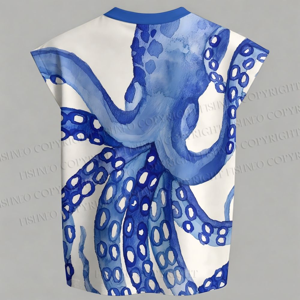 Men's Blue Octopus Watercolor Smudge Sleeveless Tank Top & Elasticated Trousers pants Two-Piece Streetwear Set