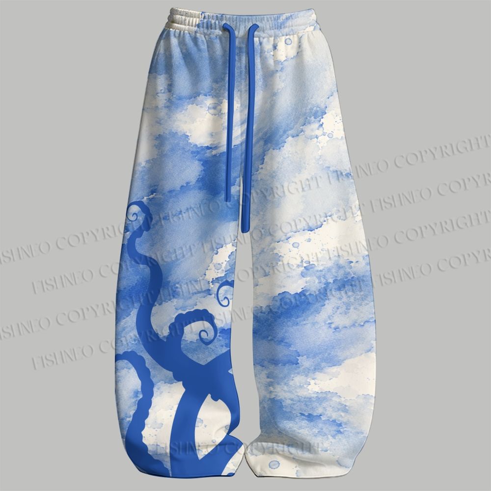 Men's Blue Octopus Watercolor Smudge Sleeveless Tank Top & Elasticated Trousers pants Two-Piece Streetwear Set