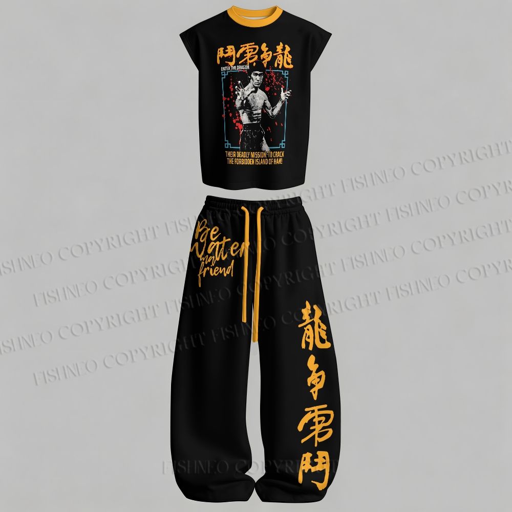 Men's Bruce Lee Be Water Sleeveless Tank Top & Elasticated Trousers pants Two-Piece Streetwear Set