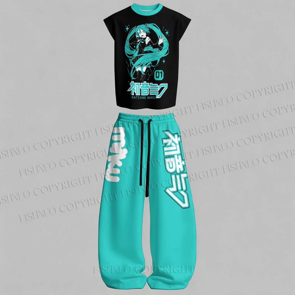 Men's Hatsune Miku Sleeveless Tank Top & Elasticated Trousers pants Two-Piece Streetwear Set