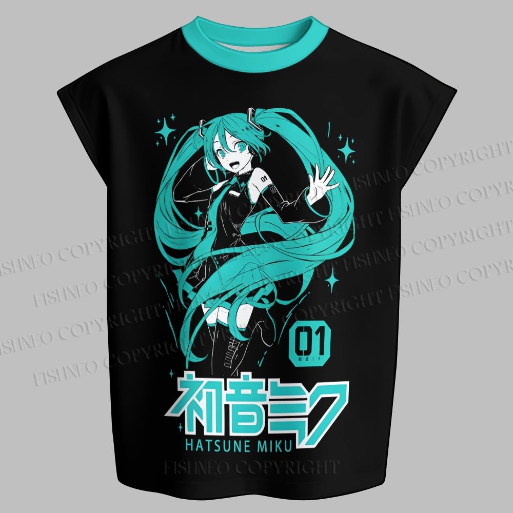 Men's Hatsune Miku Sleeveless Tank Top & Elasticated Trousers pants Two-Piece Streetwear Set