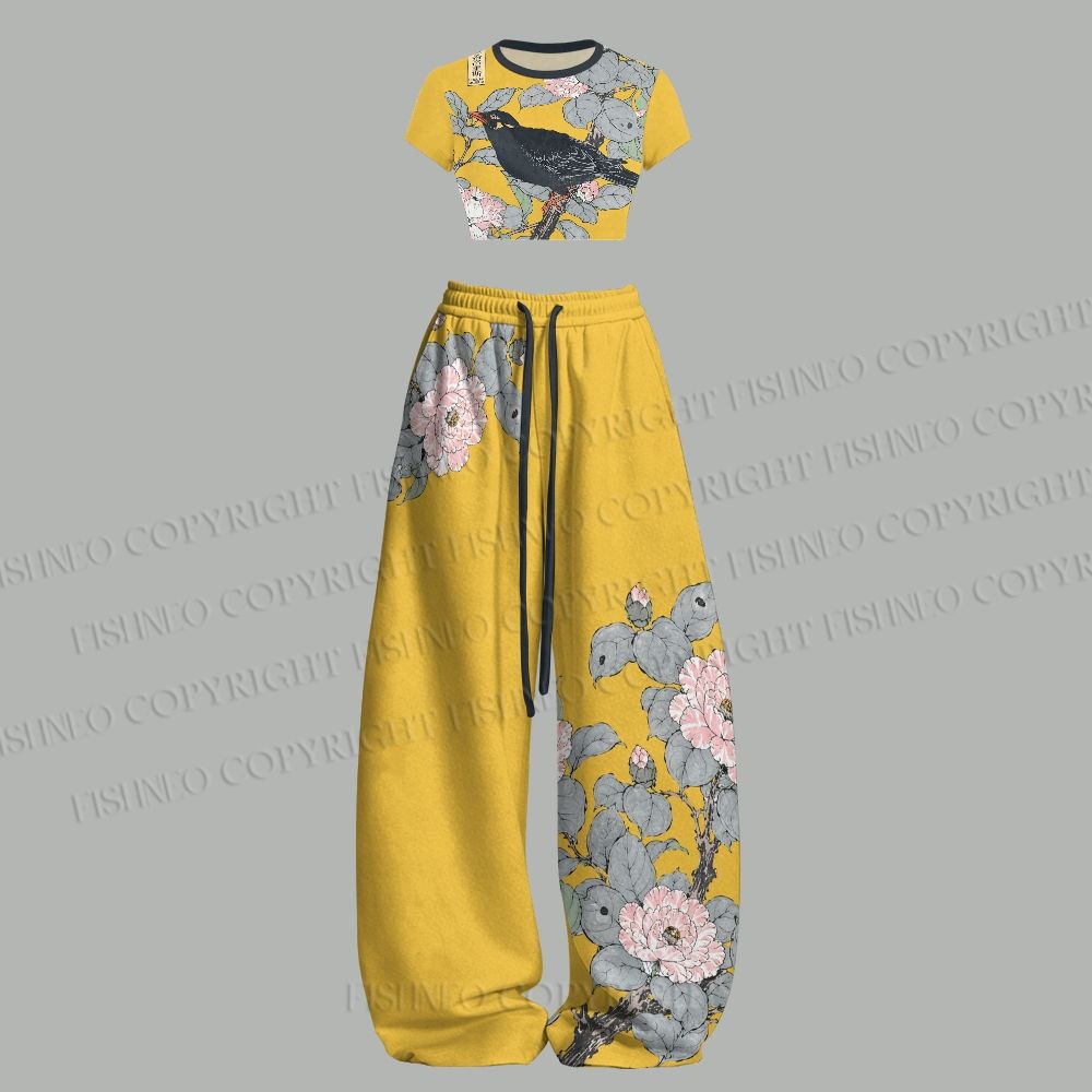 Vintage Bird in Flowers Women T-Shirt  & Elasticated Trousers Two-Piece Set
