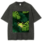 Unisex Frog Hiding In Green Leaves Printed Washed Tee