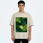 Unisex Frog Hiding In Green Leaves Printed Washed Tee