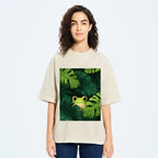 Unisex Frog Hiding In Green Leaves Printed Washed Tee