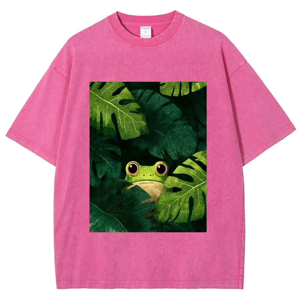 Unisex Frog Hiding In Green Leaves Printed Washed Tee