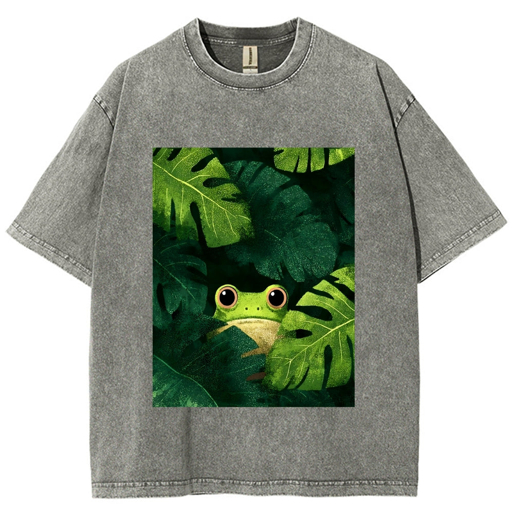 Unisex Frog Hiding In Green Leaves Printed Washed Tee