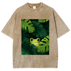 Unisex Frog Hiding In Green Leaves Printed Washed Tee